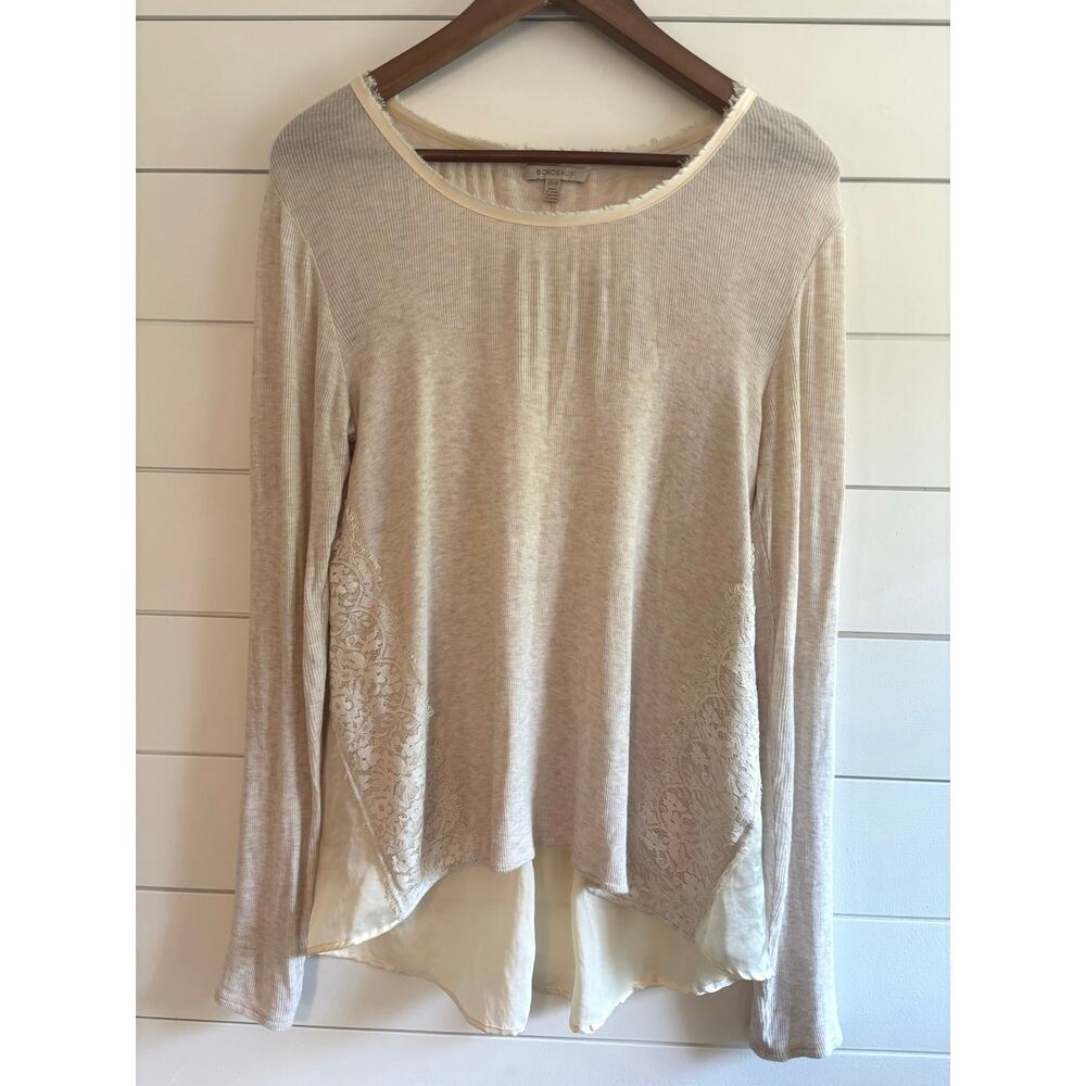 BORDEAUX Oatmeal Long Sleeve Ribbed Shirt Silky Back Lace Trim Raw Edge Women XS